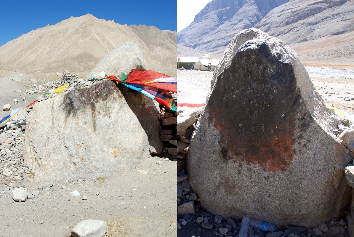 25 Tamdrin Hayagriva Red Horse Headed Buddhist Protector Deity Self Arising Image On A Rock In The Lha Chu Valley On Mount Kailash Outer Kora Tamdrin in the Lha Chu Valley is named for a black rock marked with prayer flags that has a small self-arising image of Tamdrin (Hayagriva), the red horse-headed Buddhist protector deity, and wrathful emanation of Chenrezig (Avalokiteshvara).